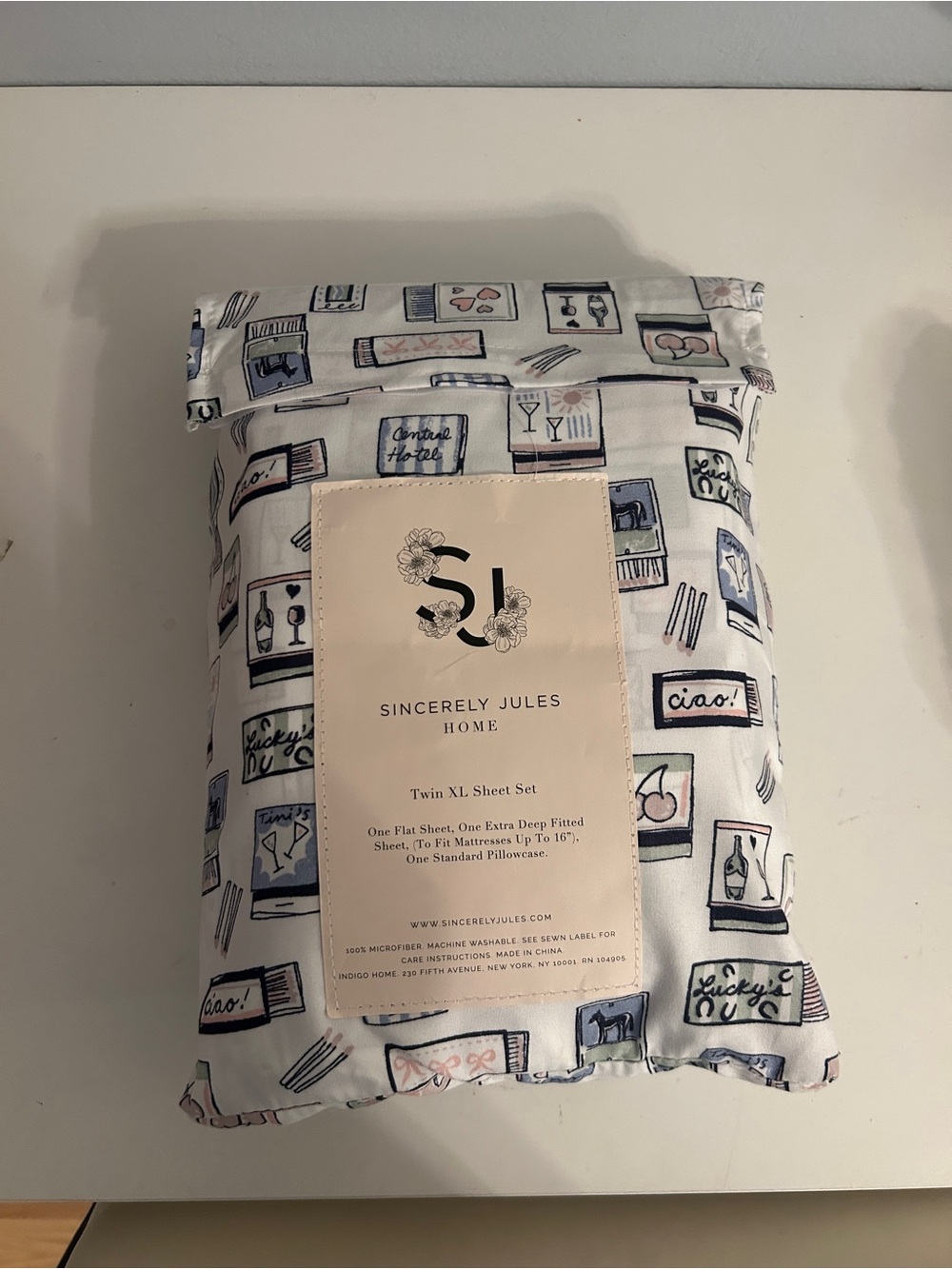 Sincerely Jules Home Twin XL Sheet Set - White with Blue & Pink Print